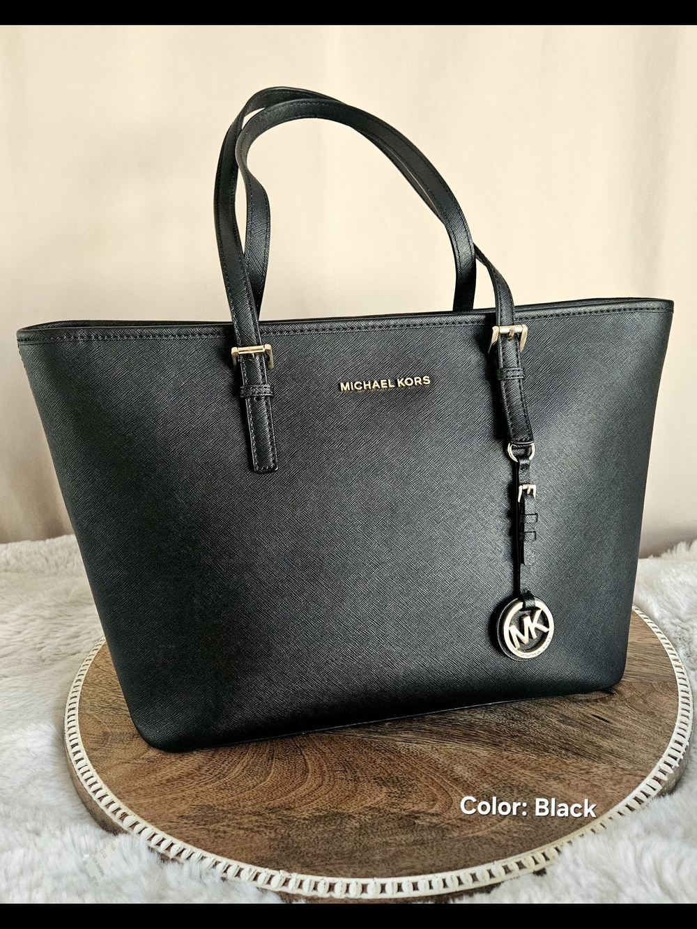 Michael Kors Black Saffiano Tote with MK Charm and Gold Hardware